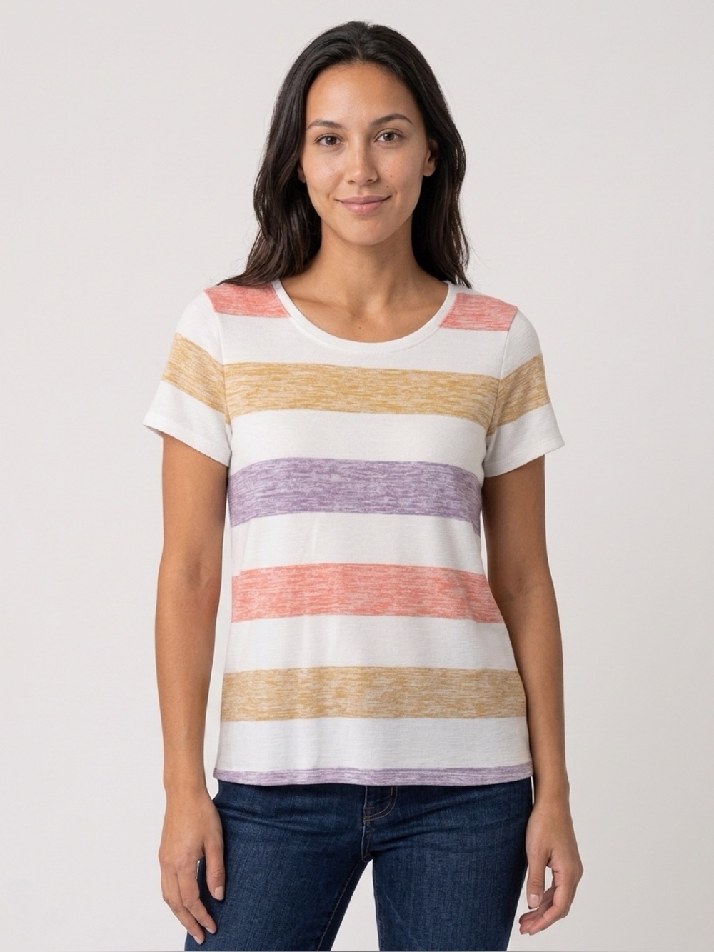 Market & Spruce White Tee with Coral, Tan & Lavender Stripes